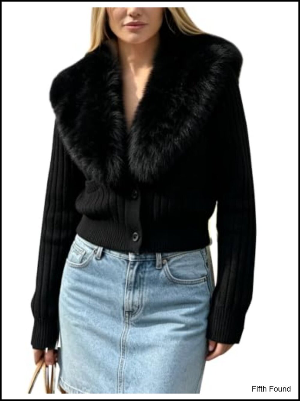 Faux Fur Collar Cropped Cardigan Chunky Knit Button Down Sweater